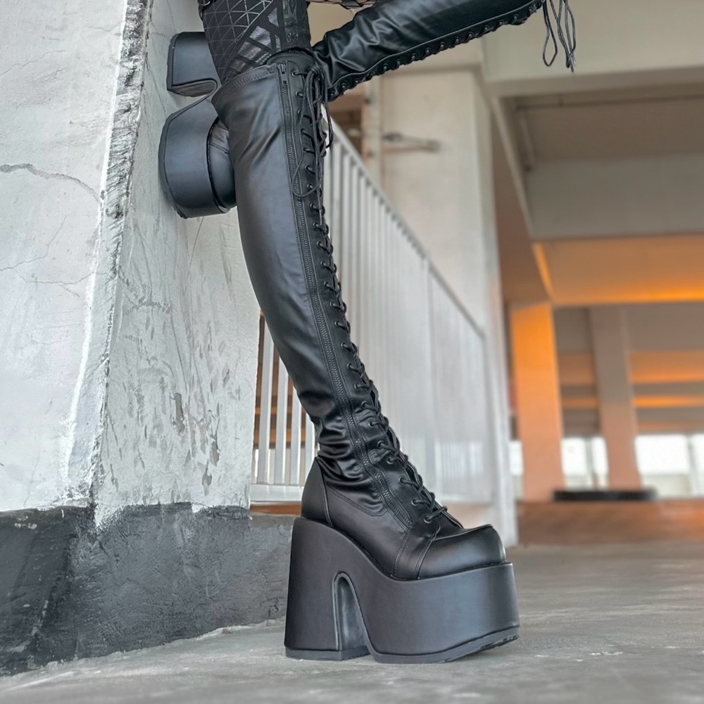 Women's Demonia Camel 300 Black Platform Lace-up Boots